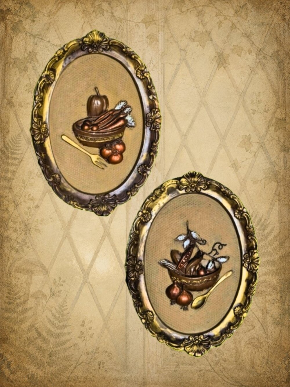 2 Vintage Wall Decor Oval Frames Vegetables